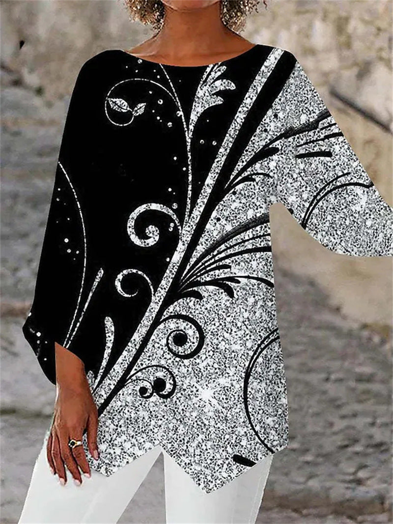 Damen asymmetrisches A-Linien-Tunika mit ornamentalem Druck und spitzem Saum Shop Nory