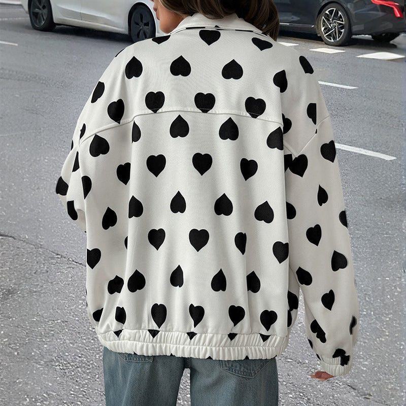 Damen Oversize-Bomberjacke mit Herzallover, Reißverschluss, Pattentaschen und elastischen Bündchen Shop Nory