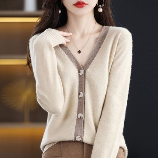 Damen Kontrastbesetzter V‑Neck-Feinstrickcardigan mit Perlmuttknöpfen Shop Nory