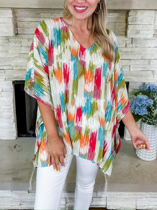 Damen Oversized V‑Neck Tunika im Plissee‑Look mit abstraktem Ikat‑Print Shop Nory