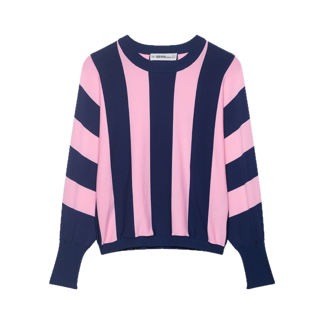 Damen Oversized Strickpullover mit breiten Streifen, Rundhalsausschnitt und verlängerten Rippärmeln Shop Nory