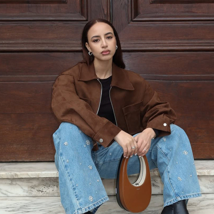 Damen Kurze Veloursleder‑Optik Jacke mit Reißverschluss und Oversize‑Ärmeln Shop Nory