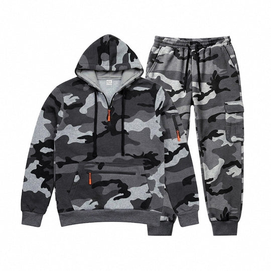 Herren Camouflage Kapuzensweatshirt- und Jogginghose Set mit Cargo-Taschen und Reißverschlüssen Shop Nory