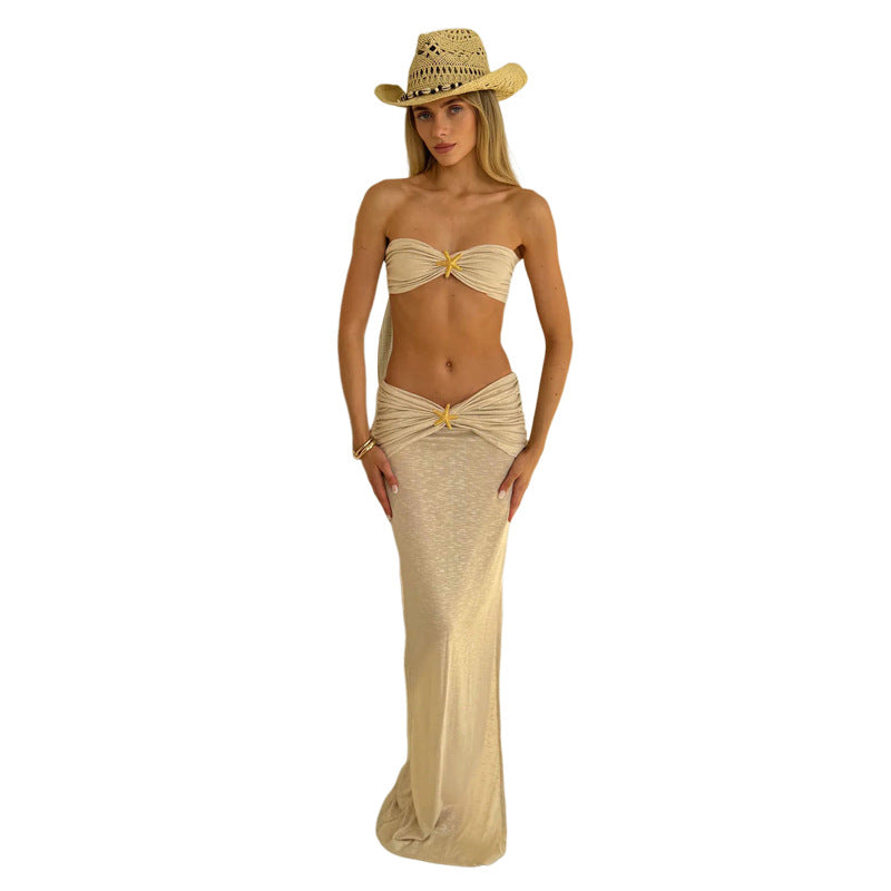 Damen Crop-Top und Maxirock Set mit eleganten Drapierungen und schimmernden Akzenten