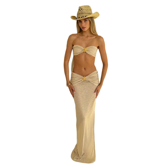 Damen Crop-Top und Maxirock Set mit eleganten Drapierungen und schimmernden Akzenten