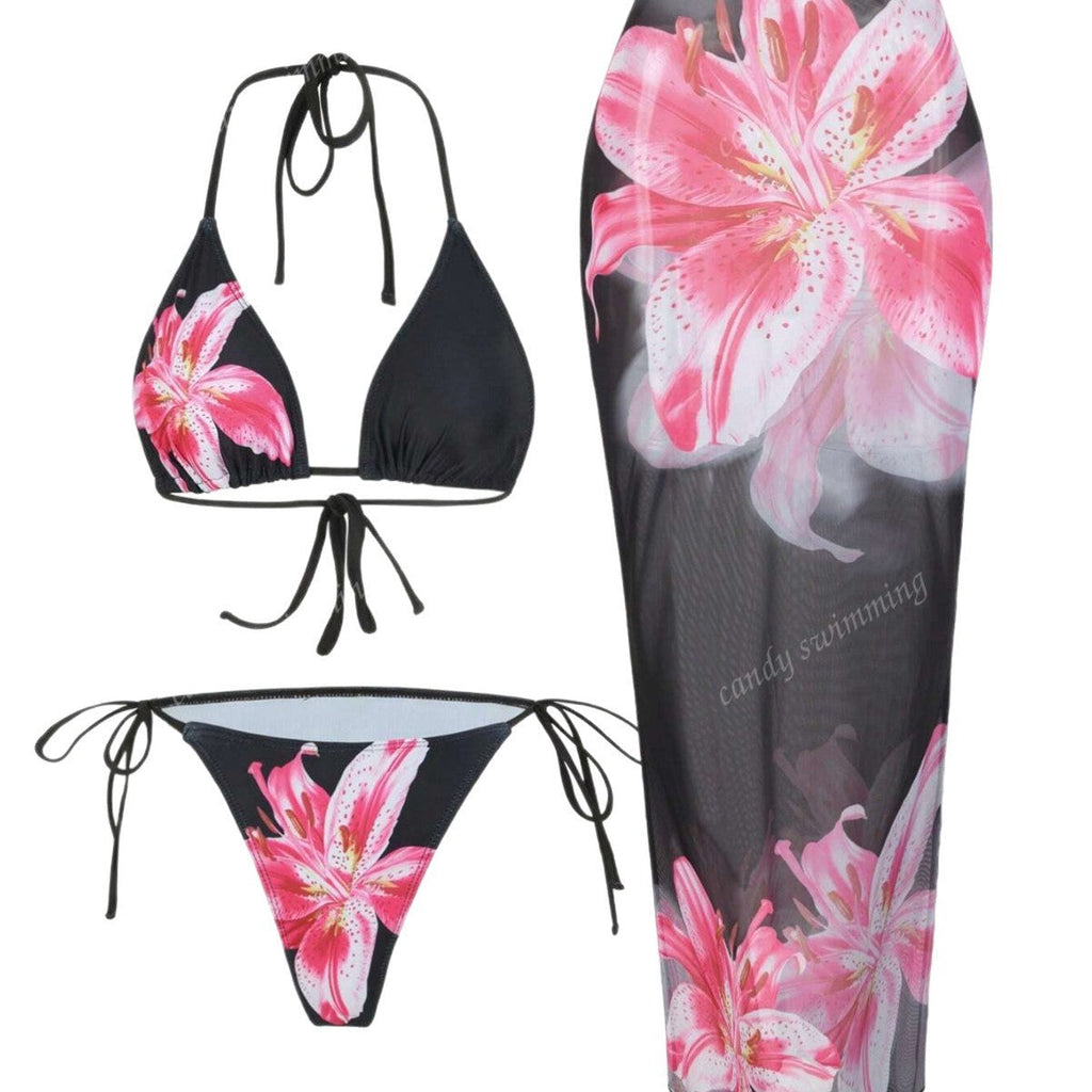 Damen Triangel-Bikini-Set mit floralen Mustern und transparentem Maxirock