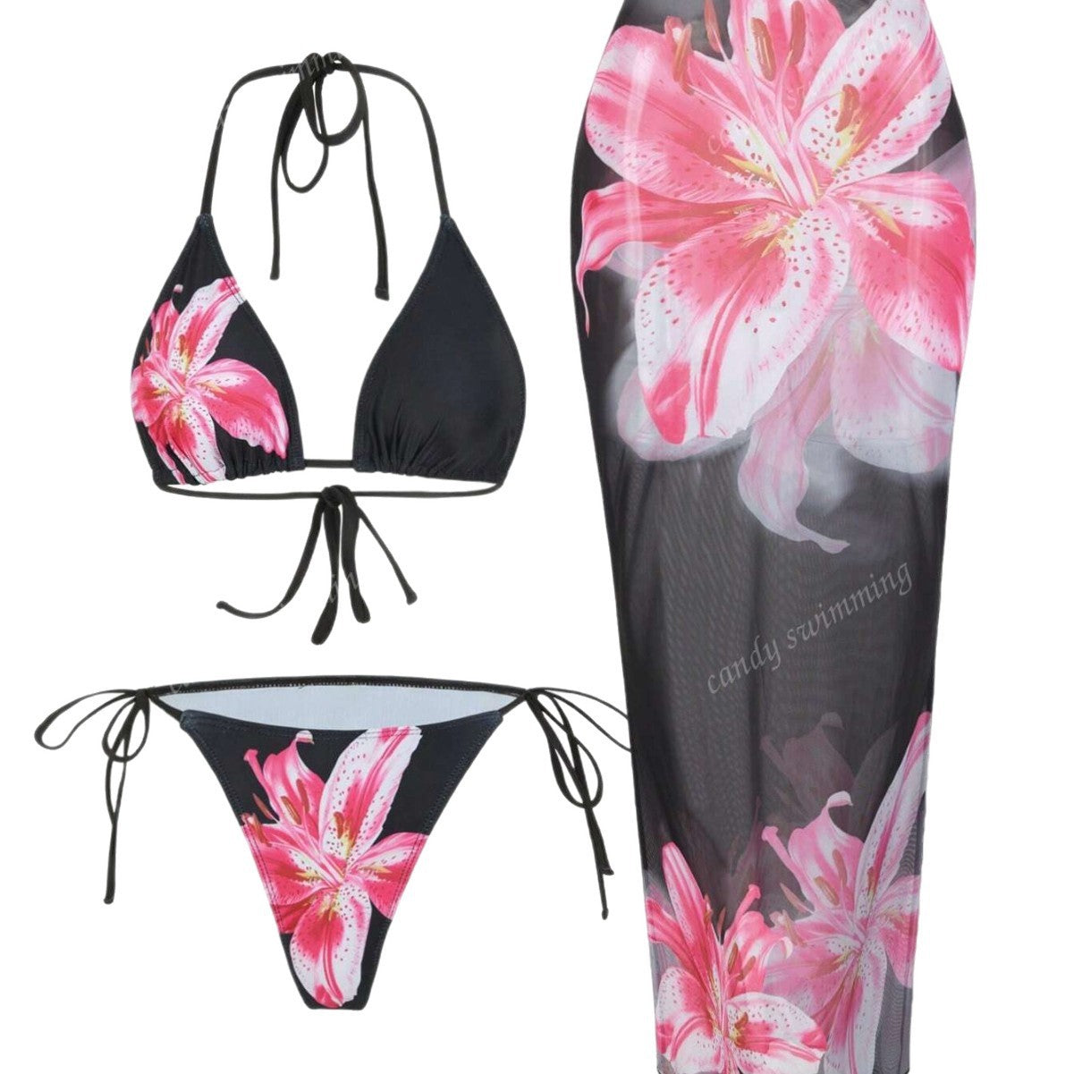 Damen Triangel-Bikini-Set mit floralen Mustern und transparentem Maxirock