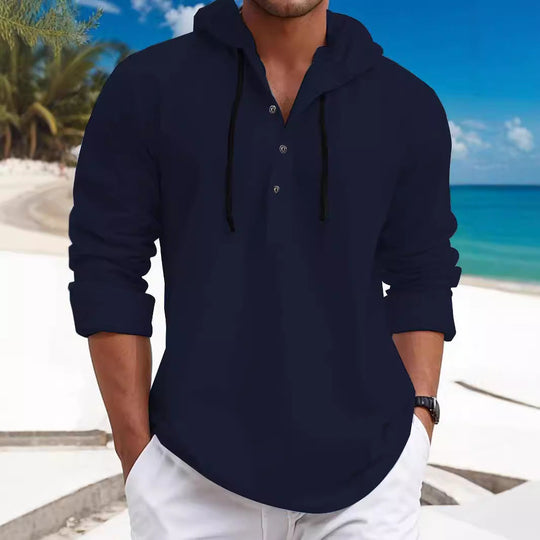 Herren nan sommerliches Hoodie-Henley mit verdeckter Knopfleiste, Kordelzug und gerundetem Saum