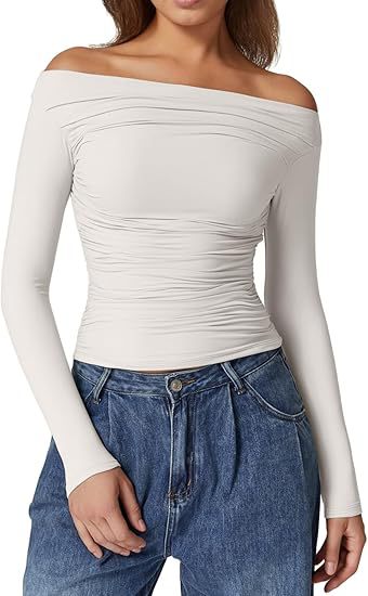 Damen Schulterfreies tailliertes Stretch-Longsleeve mit Raffung und figurbetonter Silhouette Shop Nory