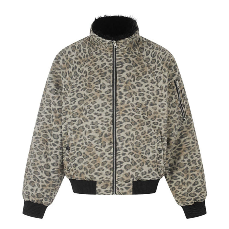 Damen gesteppte Bomberjacke mit Kunstfell-Stehkragen, Allover-Leo-Print und Rippbündchen Shop Nory