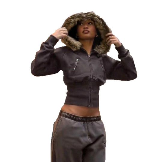 Damen nan kurz geschnittene Kapuzenjacke mit Kunstfellkapuze, Reißverschluss und tailliertem Bündchen Shop Nory