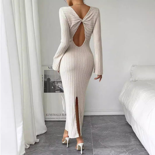 Damen geripptes Midaxi-Kleid mit U-Ausschnitt, figurbetonter Stretch-Silhouette und ausgestellten Ärmeln Shop Nory