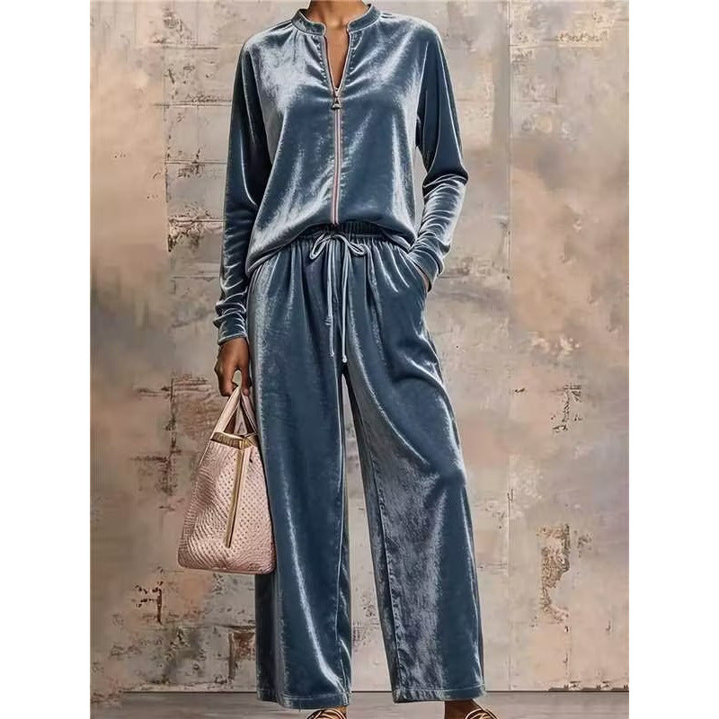 Damen Samt-Lounge-Set mit Stehkragen, Halbreißverschluss und weitem Palazzohose Shop Nory