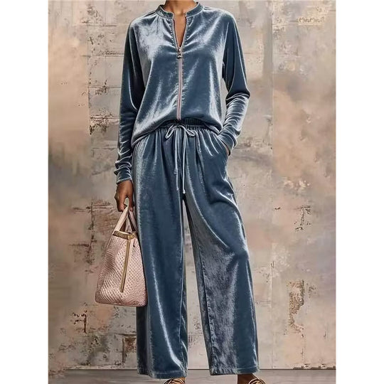 Damen Samt-Lounge-Set mit Stehkragen, Halbreißverschluss und weitem Palazzohose Shop Nory