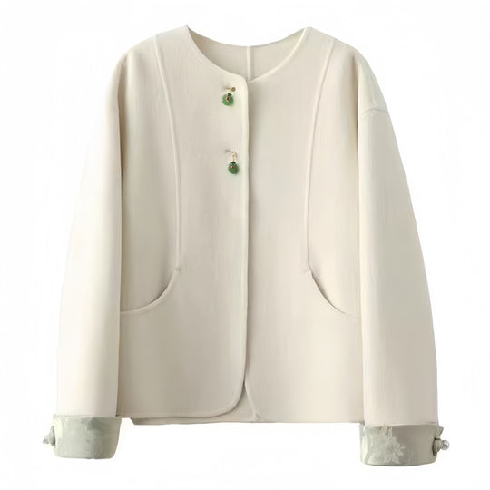 Damen Boxy Wolljacke mit bestickten Manschetten und Stehkragen Shop Nory