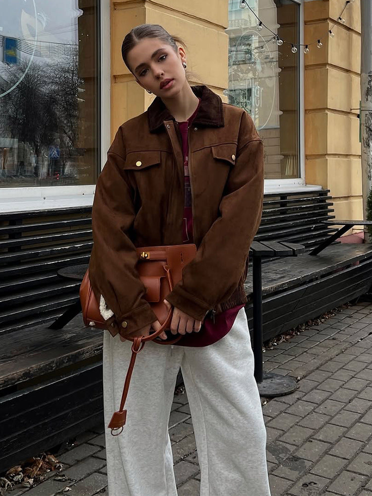 Damen Boxy-Suede-Blousonjacke mit Cordkragen und Teddyfutter Shop Nory