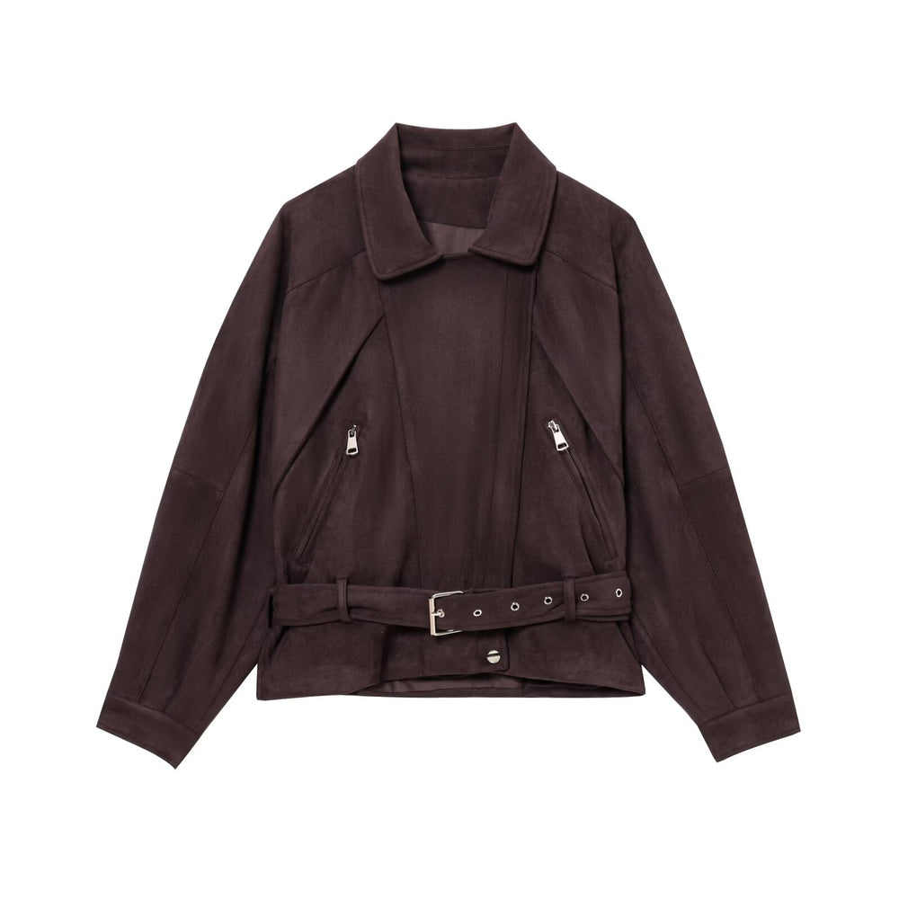 Damen Kurzjacke im Bikerstil aus Velourslederoptik mit Taillengürtel Shop Nory