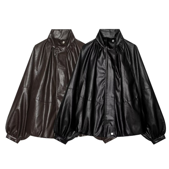 Damen Oversized Kunstleder-Cape mit Stehkragen und Ballonärmeln Shop Nory