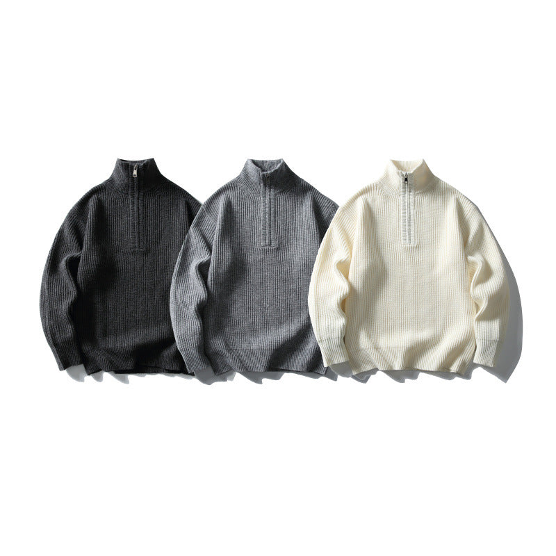 Unisex Strukturierter Halbzip-Strickpullover mit hohem Stehkragen und geripptem Rippstrick Shop Nory