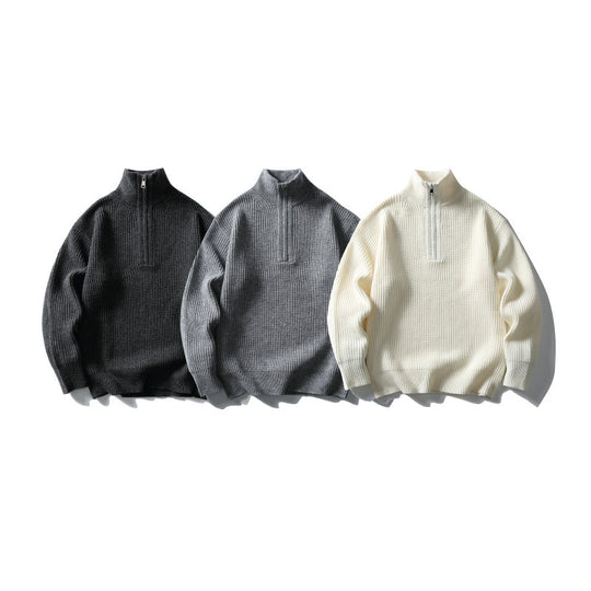 Unisex Strukturierter Halbzip-Strickpullover mit hohem Stehkragen und geripptem Rippstrick Shop Nory