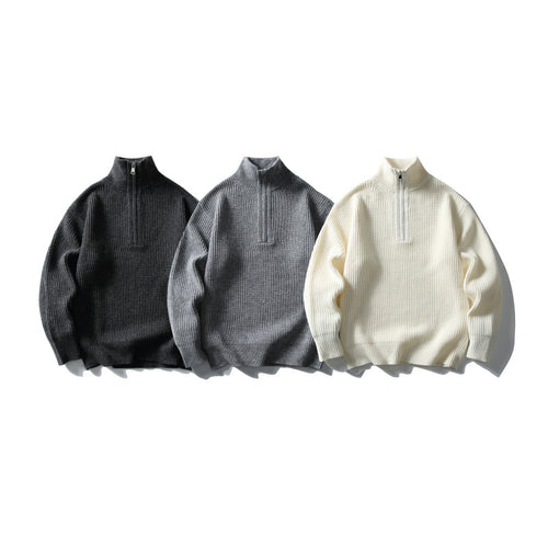 Unisex Strukturierter Halbzip-Strickpullover mit hohem Stehkragen und geripptem Rippstrick Shop Nory