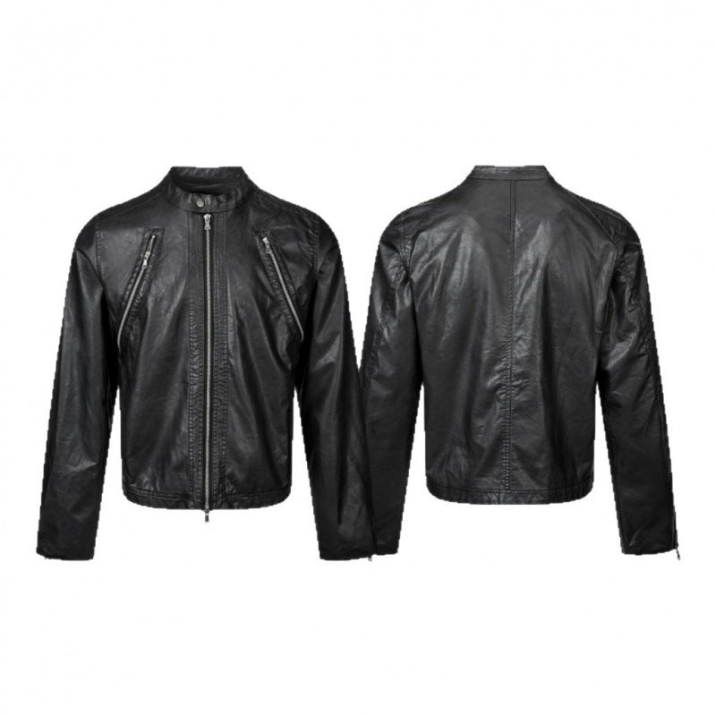 Herren Lederjacke im Bikerstil mit Stehkragen und diagonalen Reißverschlusstaschen Shop Nory
