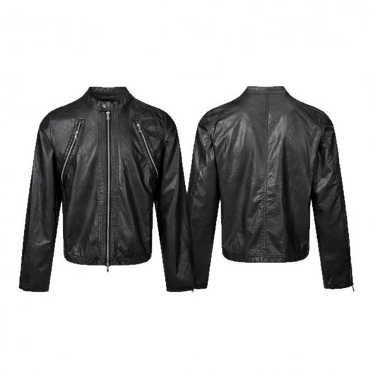 Herren Lederjacke im Bikerstil mit Stehkragen und diagonalen Reißverschlusstaschen Shop Nory