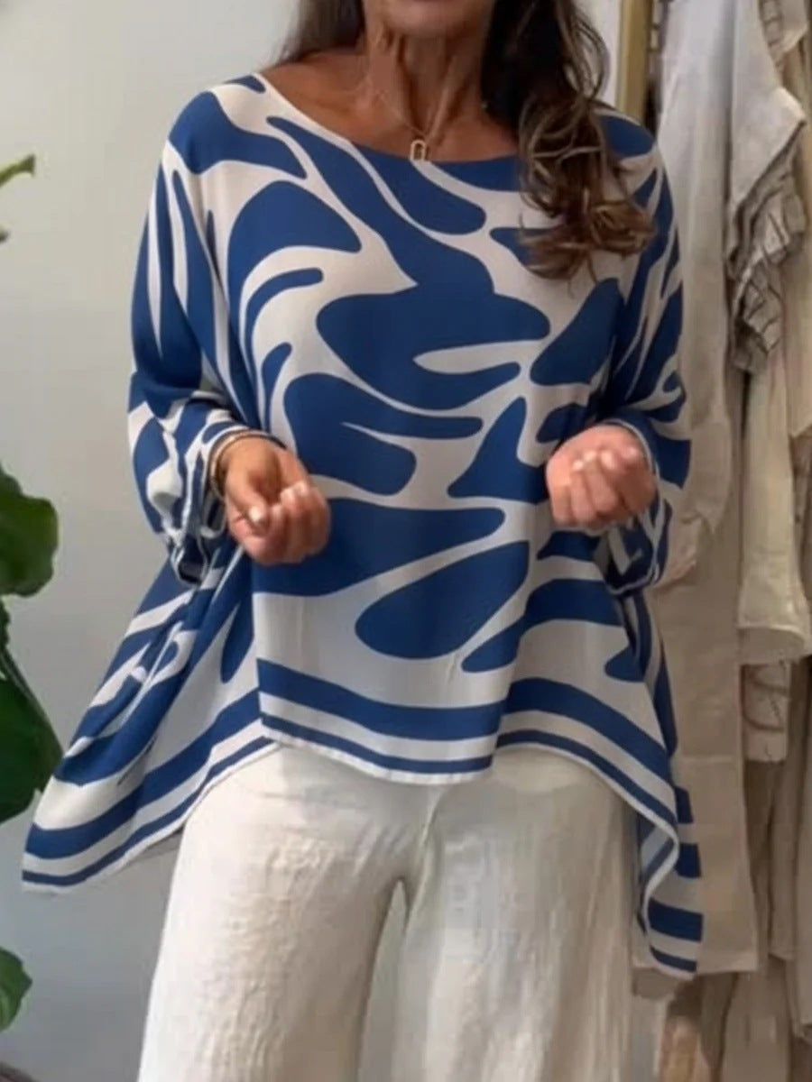 Damen Oversize Sommerbluse mit abstraktem Print, Fledermausärmeln und asymmetrischem Saum Shop Nory
