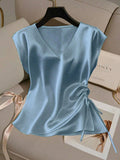 Damen Satinbluse mit seitlichem Kordelzug und V-Ausschnitt