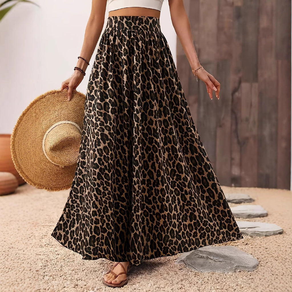 Damen Maxi-Rock mit elastischem Bund und Leopardenmuster