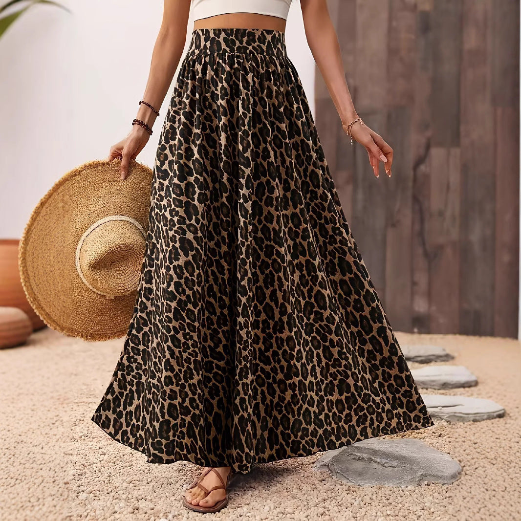 Damen Maxi-Rock mit elastischem Bund und Leopardenmuster