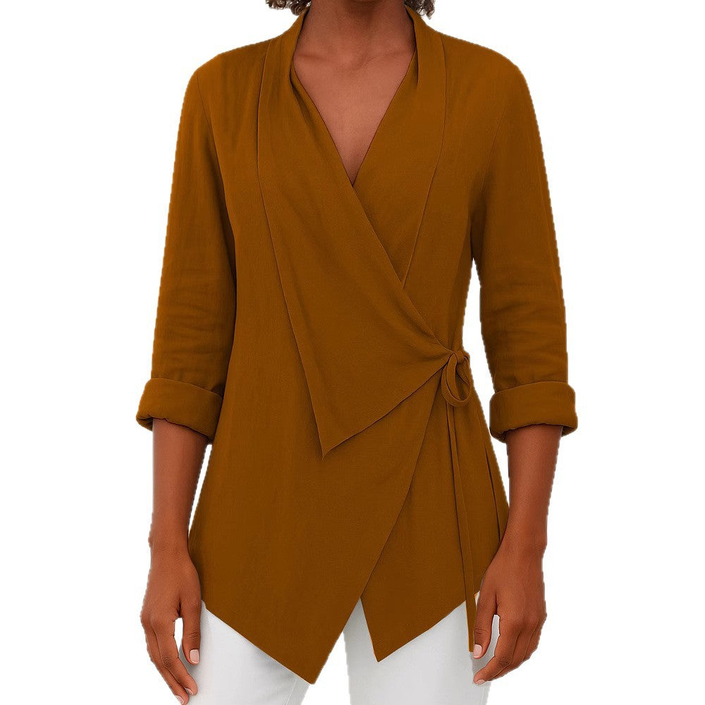 Damen Asymmetrische Wickelbluse mit Schalkragen und 3/4-Ärmeln Shop Nory
