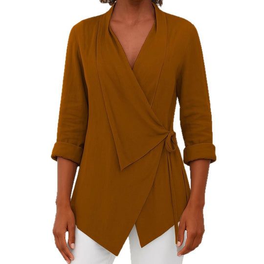 Damen Asymmetrische Wickelbluse mit Schalkragen und 3/4-Ärmeln Shop Nory