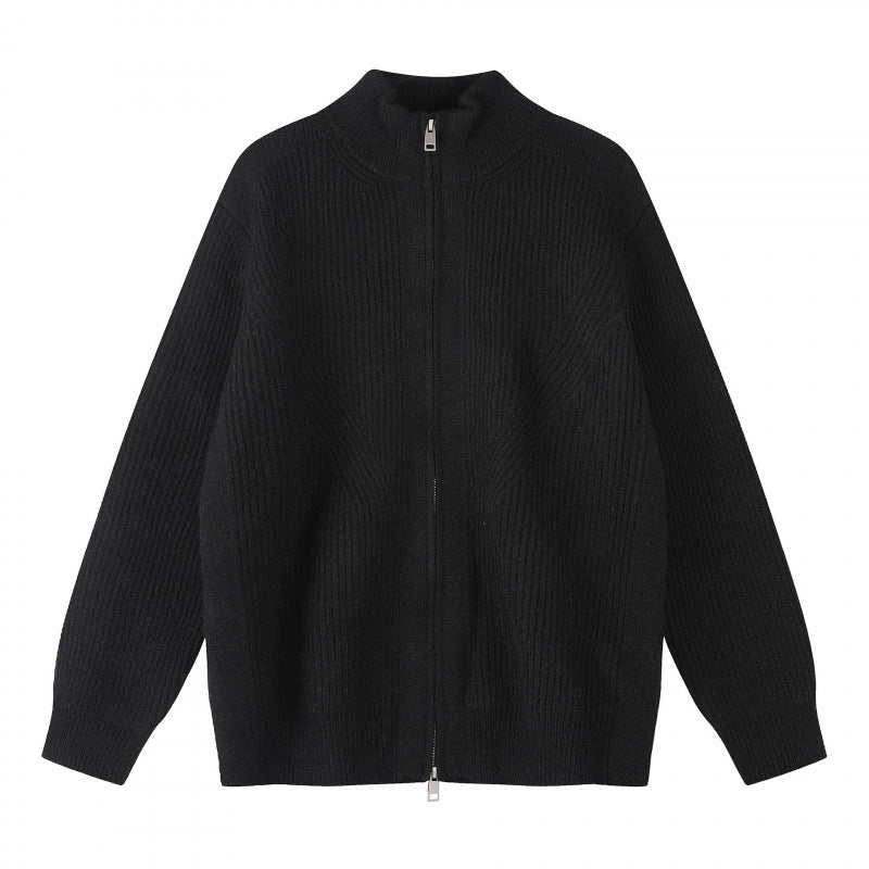 Unisex Grobgestrickter Reißverschluss-Strickcardigan mit Stehkragen und Rippstruktur Shop Nory
