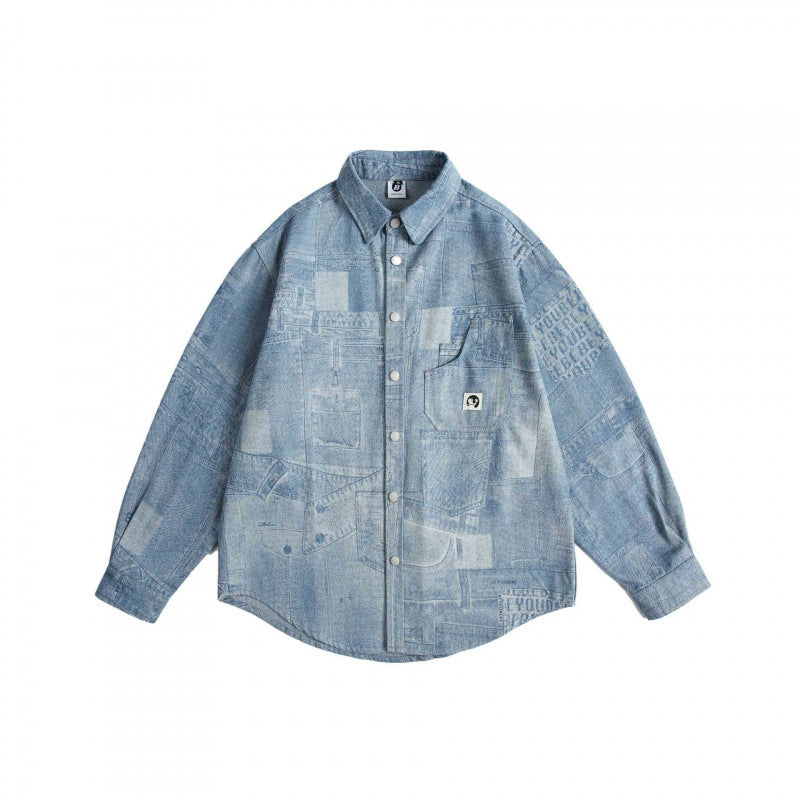 Unisex Oversize-Jeanshemd mit Allover-Patchprint und Brusttasche Shop Nory
