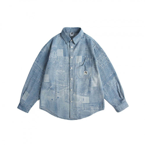 Unisex Oversize-Jeanshemd mit Allover-Patchprint und Brusttasche Shop Nory