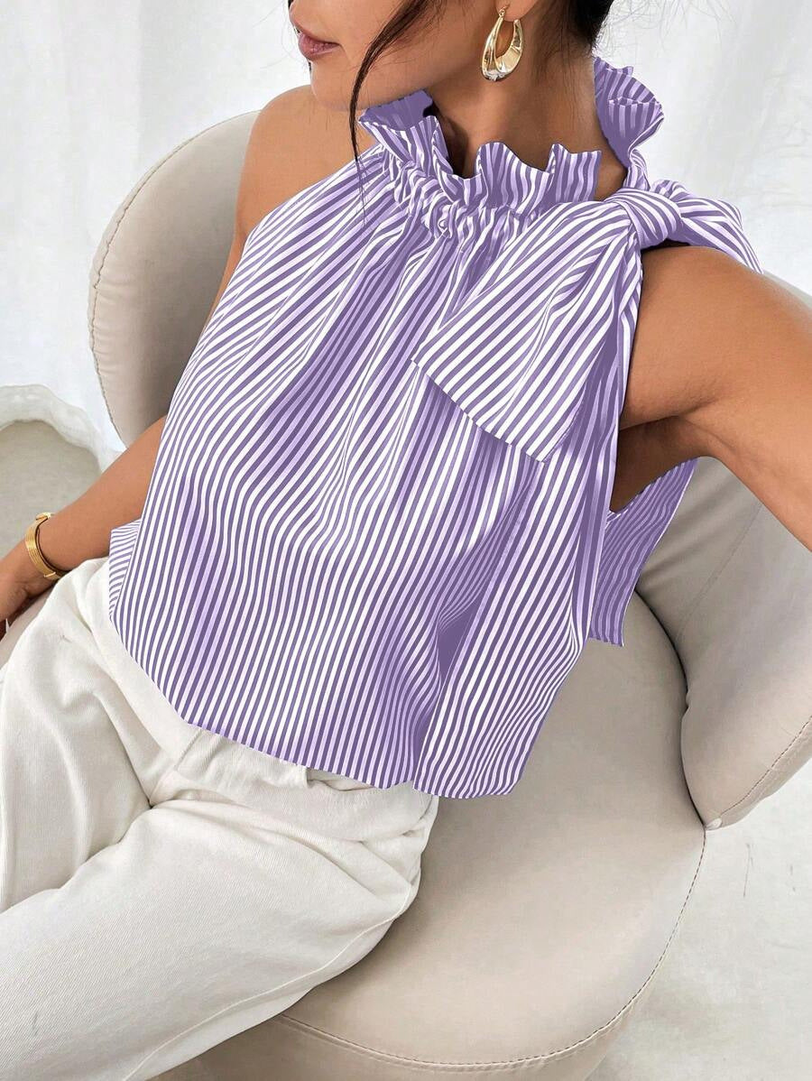 Damen Ärmellose Crêpe-Bluse mit gerafftem Stehkragen und Schulter-Schleife Shop Nory