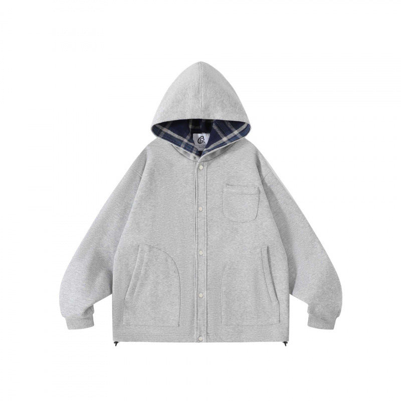 Unisex Oversize-Kapuzen-Überjacke mit kariert gefütterter Kapuze und Druckknopfleiste Shop Nory