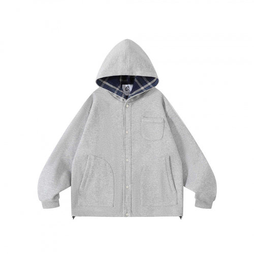 Unisex Oversize-Kapuzen-Überjacke mit kariert gefütterter Kapuze und Druckknopfleiste Shop Nory