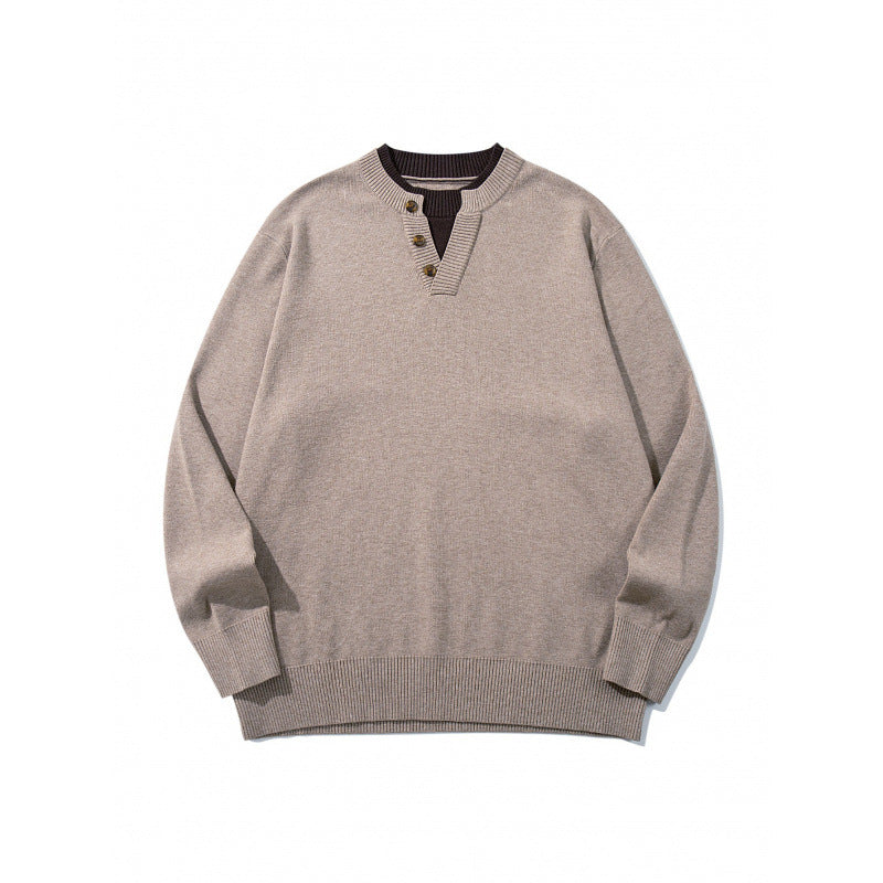 Unisex Strickpullover mit Henley-Knopfleiste, Kontrastkragen und Boxy‑Schnitt Shop Nory