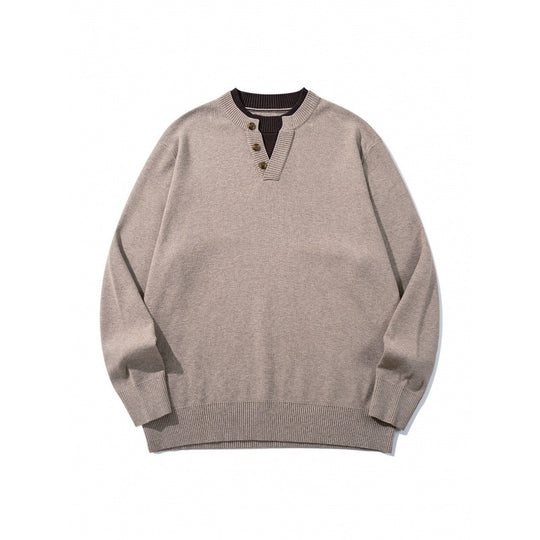 Unisex Strickpullover mit Henley-Knopfleiste, Kontrastkragen und Boxy‑Schnitt Shop Nory