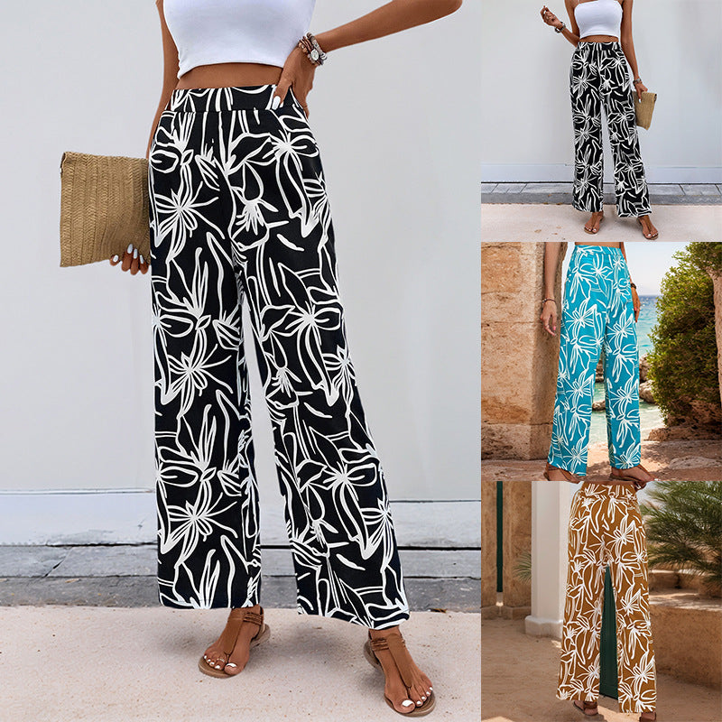Damen Weite Leinenoptik-Hose mit hohem Bund und floralem Print Shop Nory