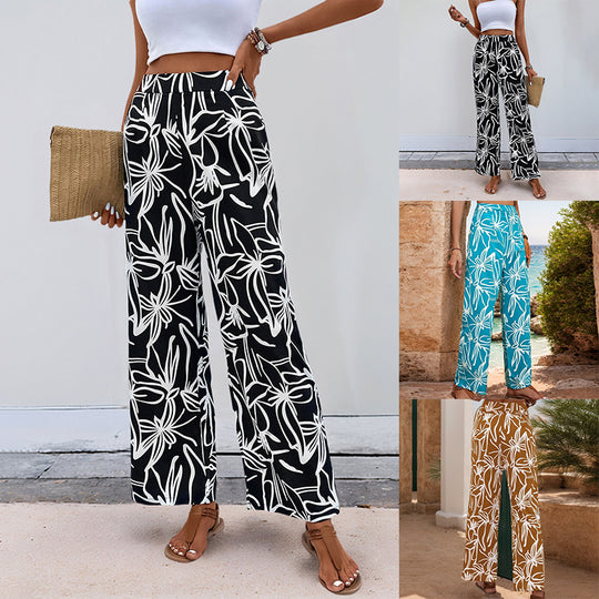 Damen Weite Leinenoptik-Hose mit hohem Bund und floralem Print Shop Nory