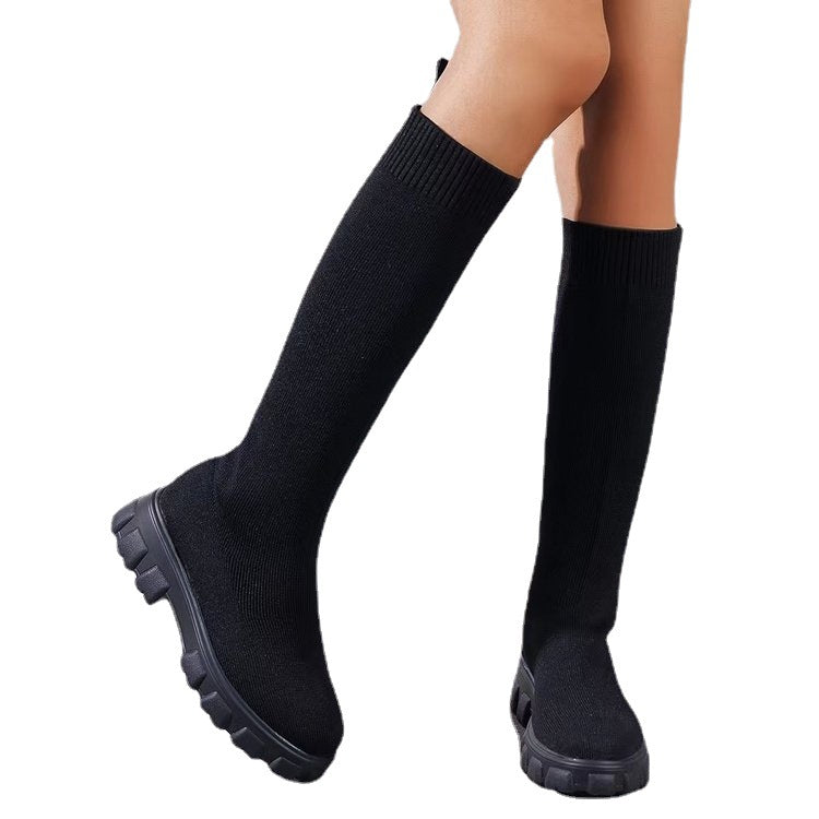 Damen Strick-Overknee-Stiefel mit elastischem Sock-Schaft und klobiger Lug-Sohle Shop Nory