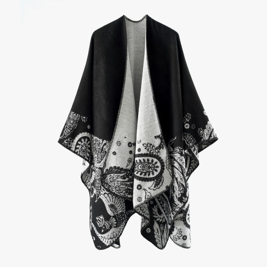 Damen Reversibler Jacquard-Capeponcho aus Wollmix mit Paisley-Motiv und offenem Fall Shop Nory