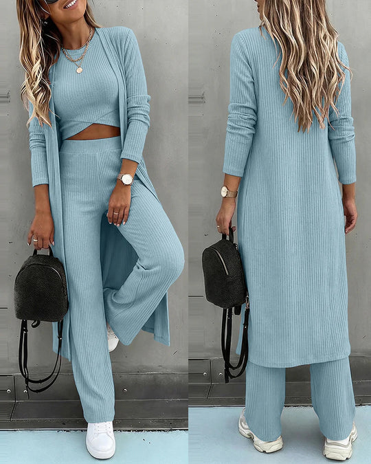 Damen Dreiteiliges Rippstrick-Loungewear-Set mit Longcardigan, bauchfreiem Top und weiter Palazzohose Shop Nory