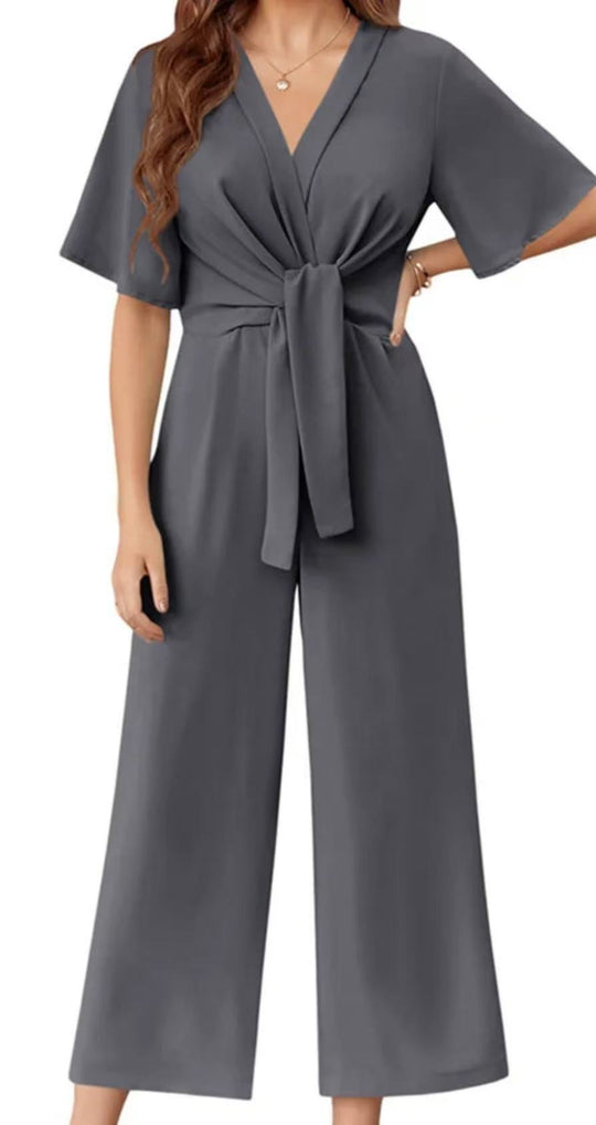 Damen eleganter Jumpsuit mit tiefem V-Ausschnitt und Poncho-Ärmeln