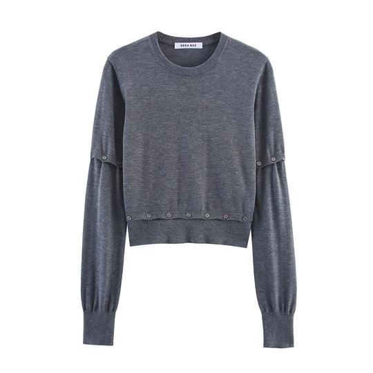 Damen Kurzer Feinstrick-Pullover mit Ballonärmeln und Dekoknopf-Bund Shop Nory