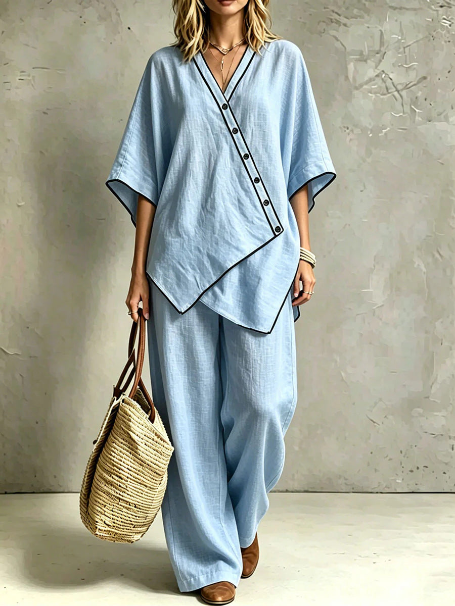 Damen Asymmetrisches Tunika-Loungewear-Set mit diagonaler Knopfleiste und weiter Palazzohose Shop Nory