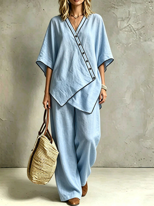 Damen Asymmetrisches Tunika-Loungewear-Set mit diagonaler Knopfleiste und weiter Palazzohose Shop Nory